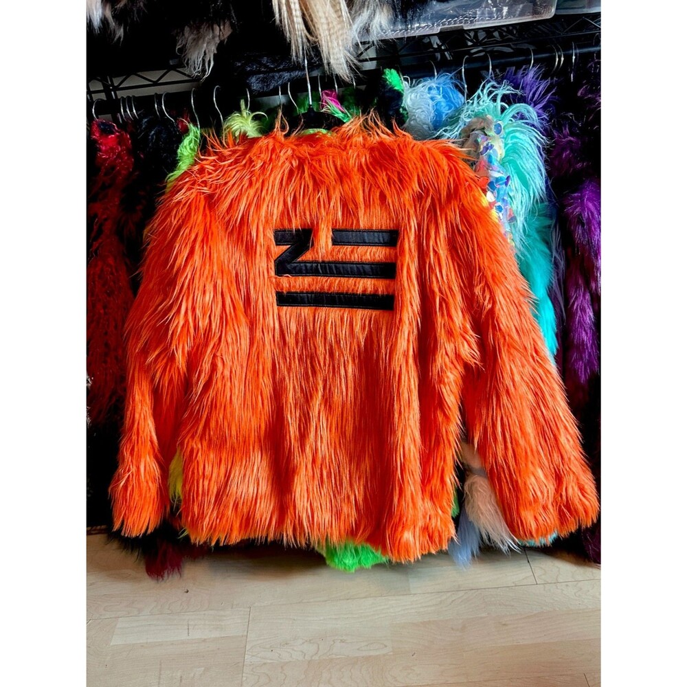 RARE ZHU Fur Coat Mint Cond. Limited Orange Color DJ Merch Faux Jacket EDM Rave